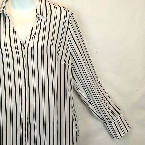 Worthington black/white striped sheer long sleeve button down women's top - Picture 3 of 7